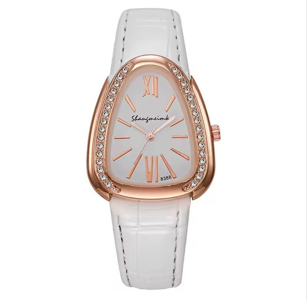 Womens White Vegan Leather Crystal Watch Rose Gold Tone Elegant Dress Watch